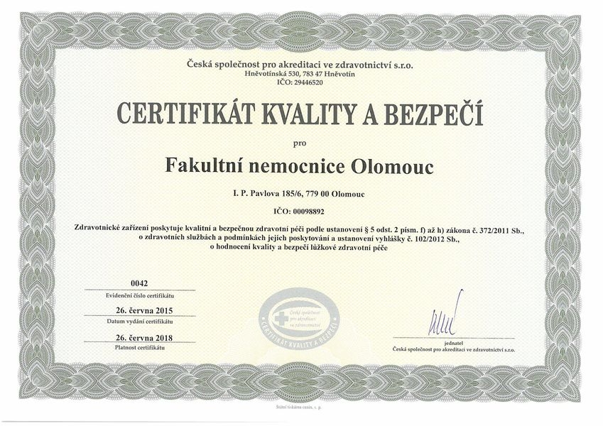 certifikát akreditace zdroj: FN Ol.