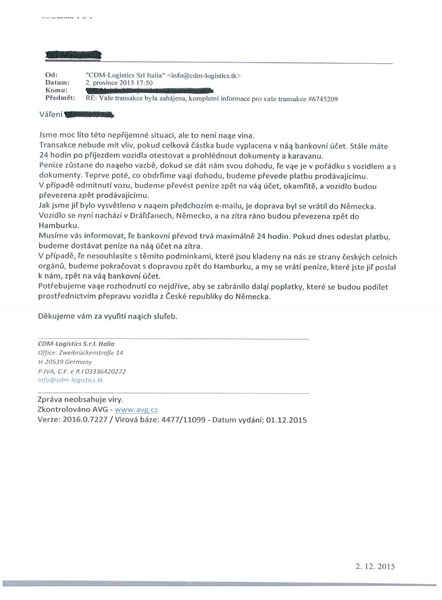 podvodný e-mail zdroj: Celní správa ČR