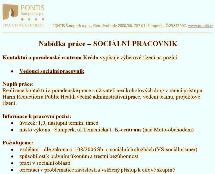 Pontis - nabídka práce - SOCIÁLNÍ PRACOVNÍK