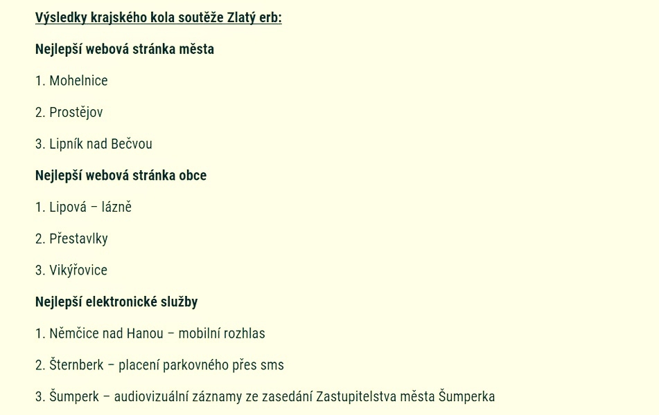 Olomoucký kraj - dvanáctý ročník soutěže Zlatý erb zdroj: OLK