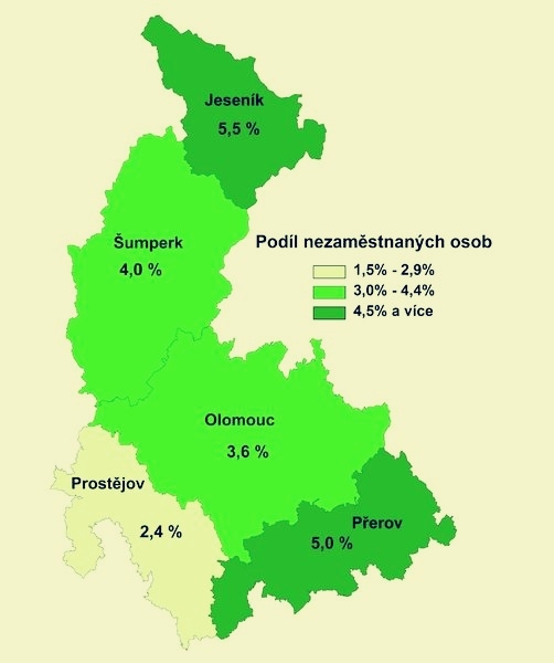 mapa - podíl nezaměstnaných OLK zdroj: ÚP OLK