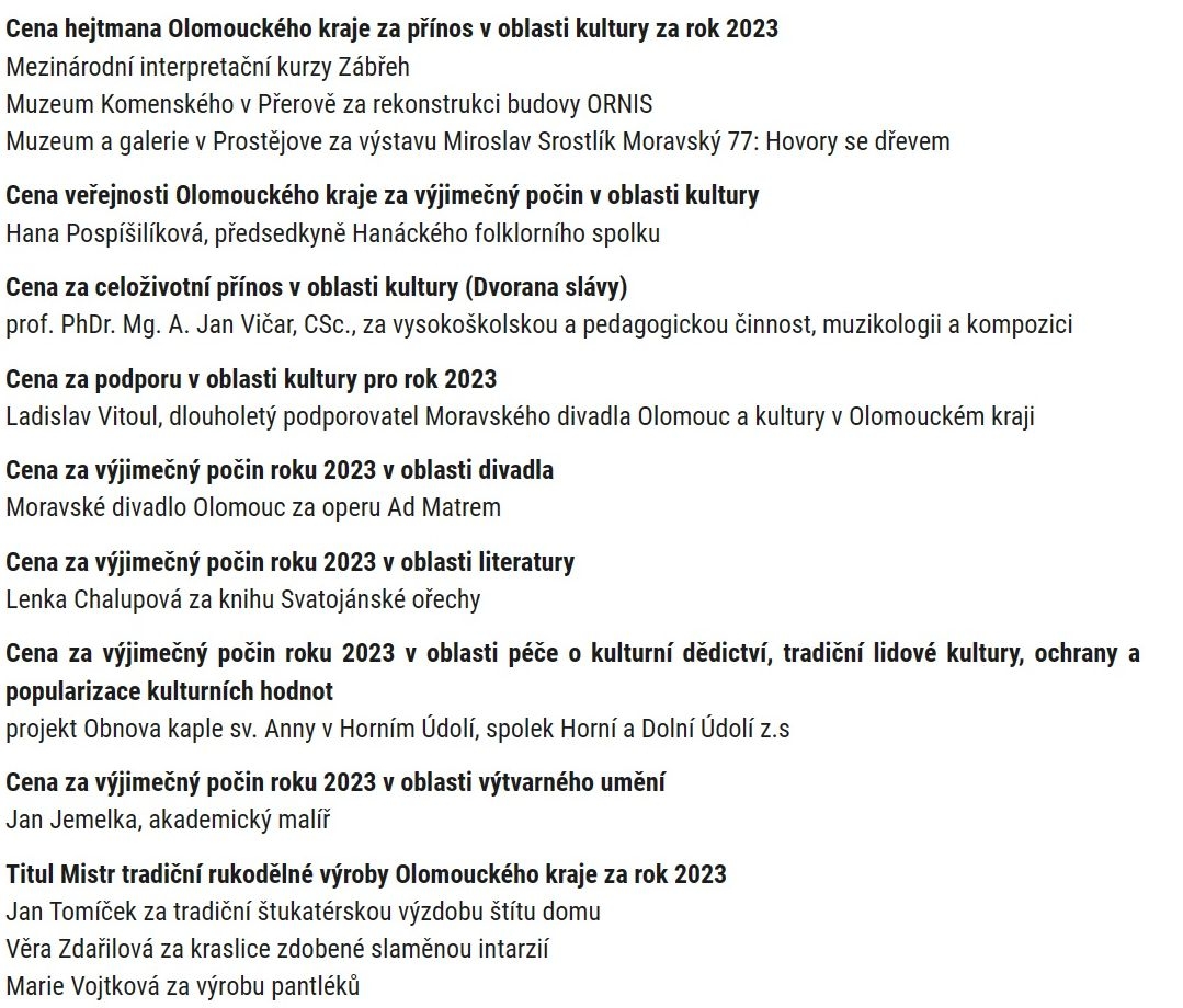 Držitelé krajských cen v oblasti kultury zdroj:OLK